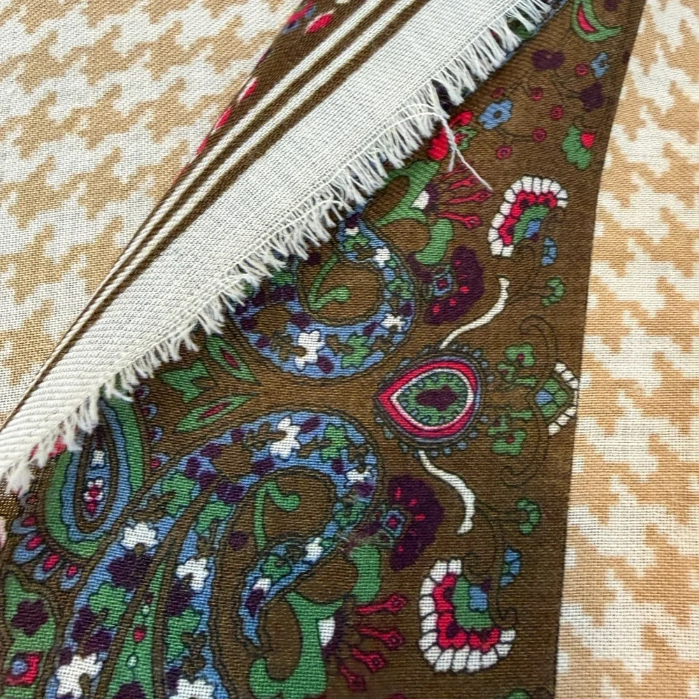 YSL Vintage Houndstooth Paisley Square Scarf Tan Cream Brown Green Red FLAWS
